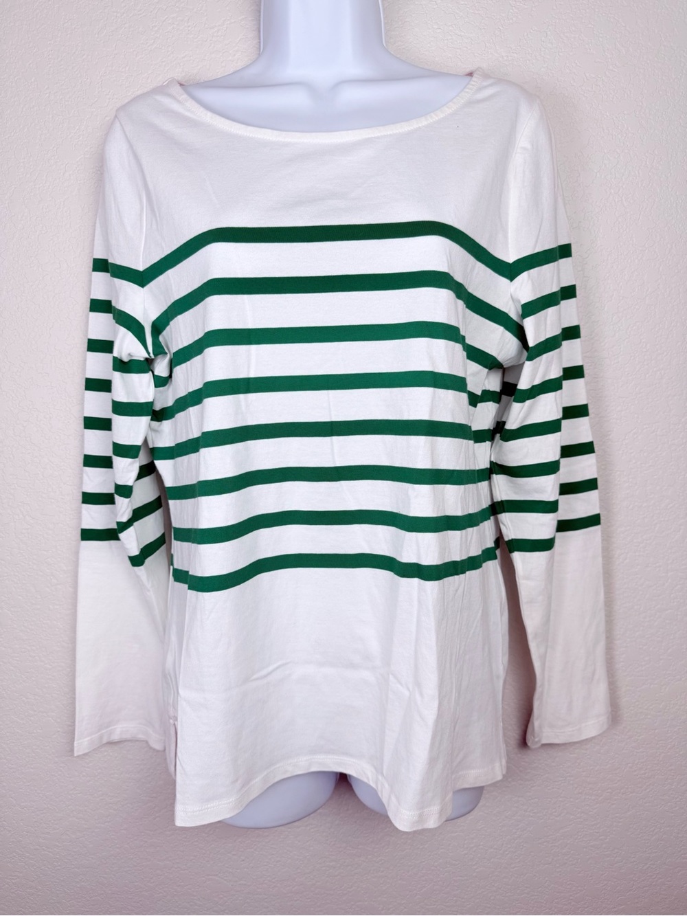 BODEN Women’s 8 White Long-Sleeve Tee with Green Stripes Nautical Coastal